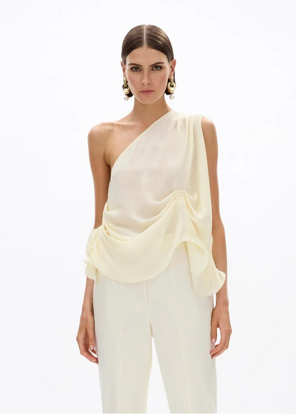 person wearing rachel gilbert womens silk Isla Top butter yellow