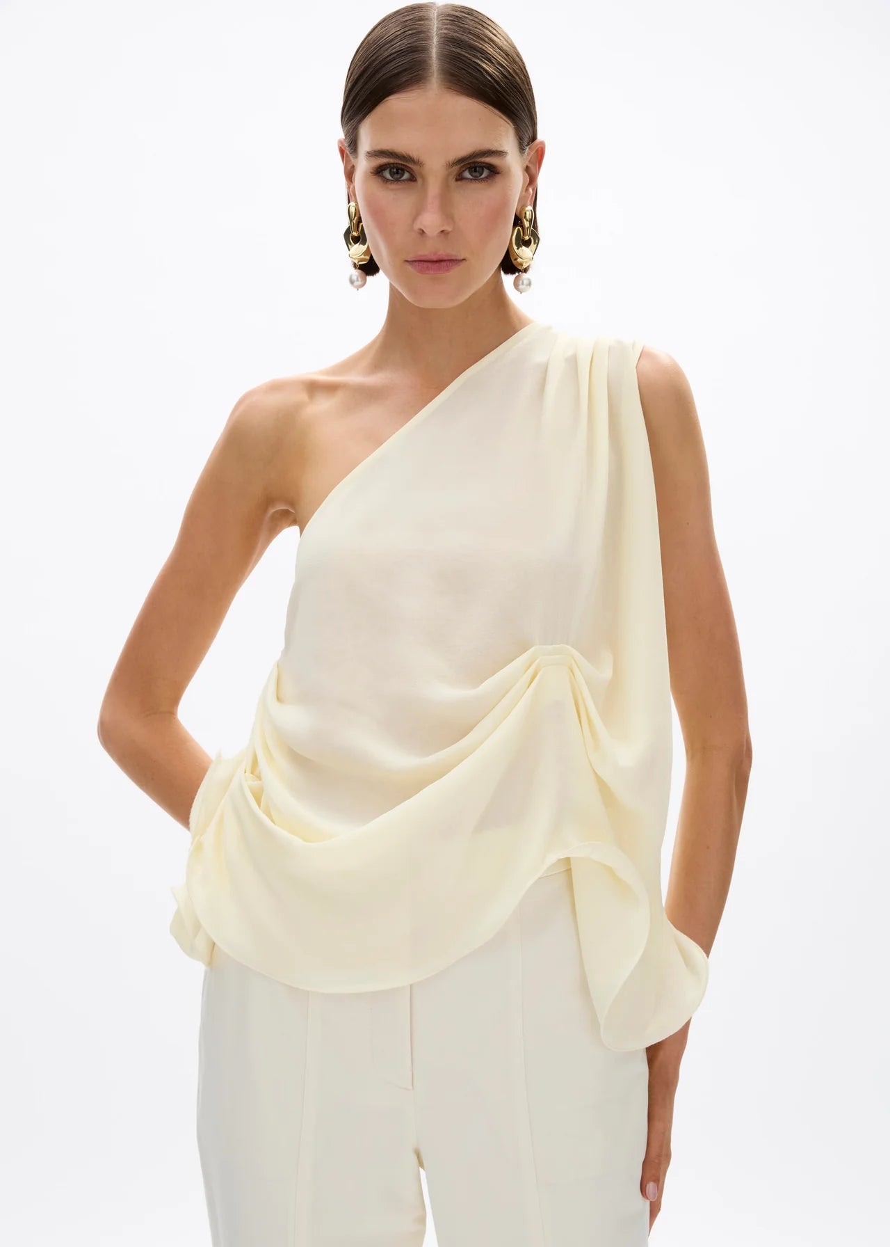 person wearing rachel gilbert womens silk Isla Top butter yellow