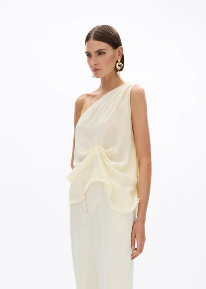person wearing rachel gilbert womens silk Isla Top butter yellow
