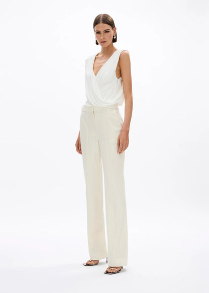 person wearing rachel gilbert womens stretch wool suiting Finley Pant in creme