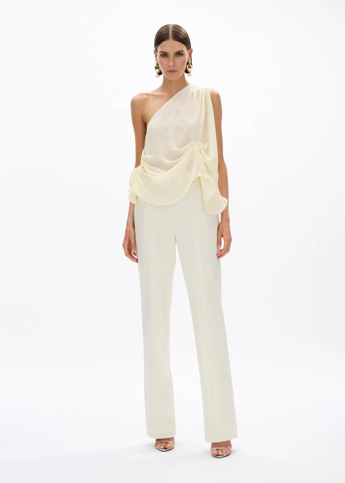 person wearing rachel gilbert womens stretch wool suiting Finley Pant in creme