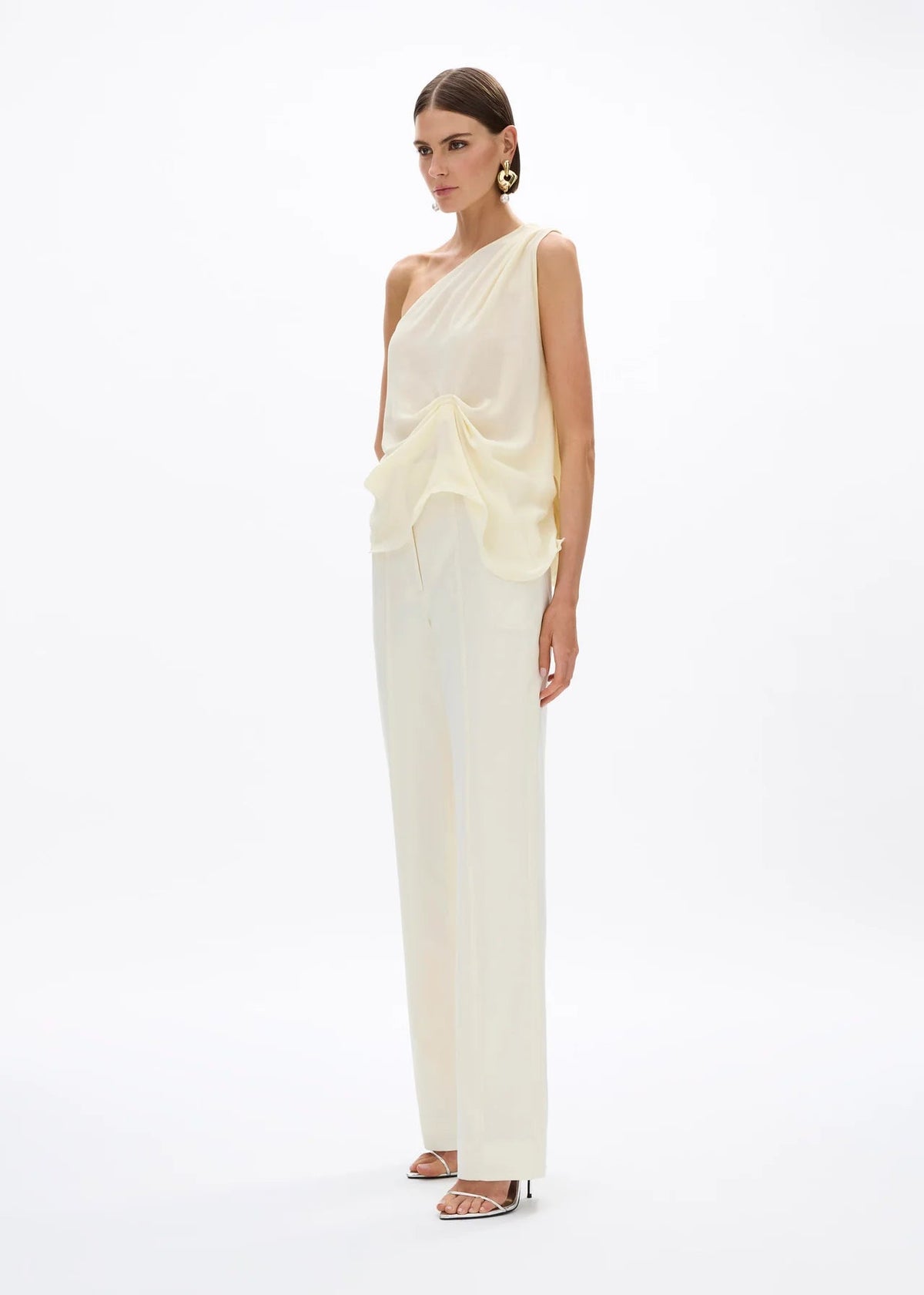 person wearing rachel gilbert womens stretch wool suiting Finley Pant in creme