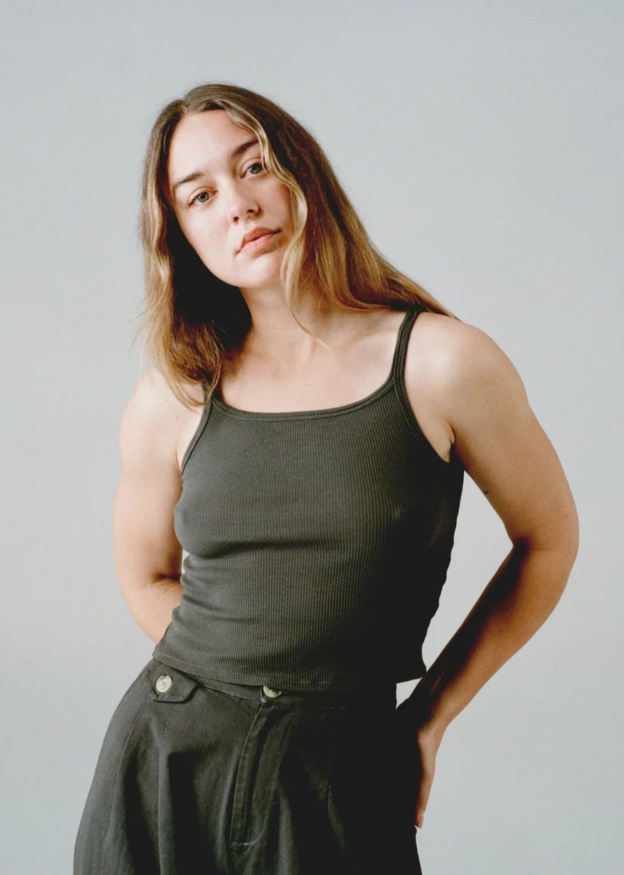 person wearing roam studio womens Paz Tank in Charcoal