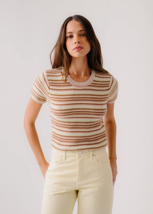 person wearing sablyn Jude Short Sleeve Cashmere Crewneck Tee in Buttercup