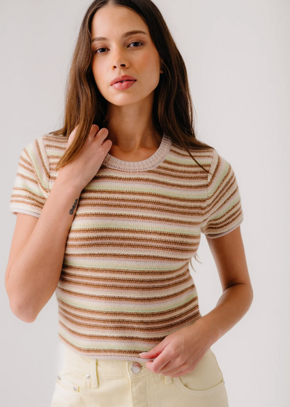 person wearing sablyn Jude Short Sleeve Cashmere Crewneck Tee in Buttercup