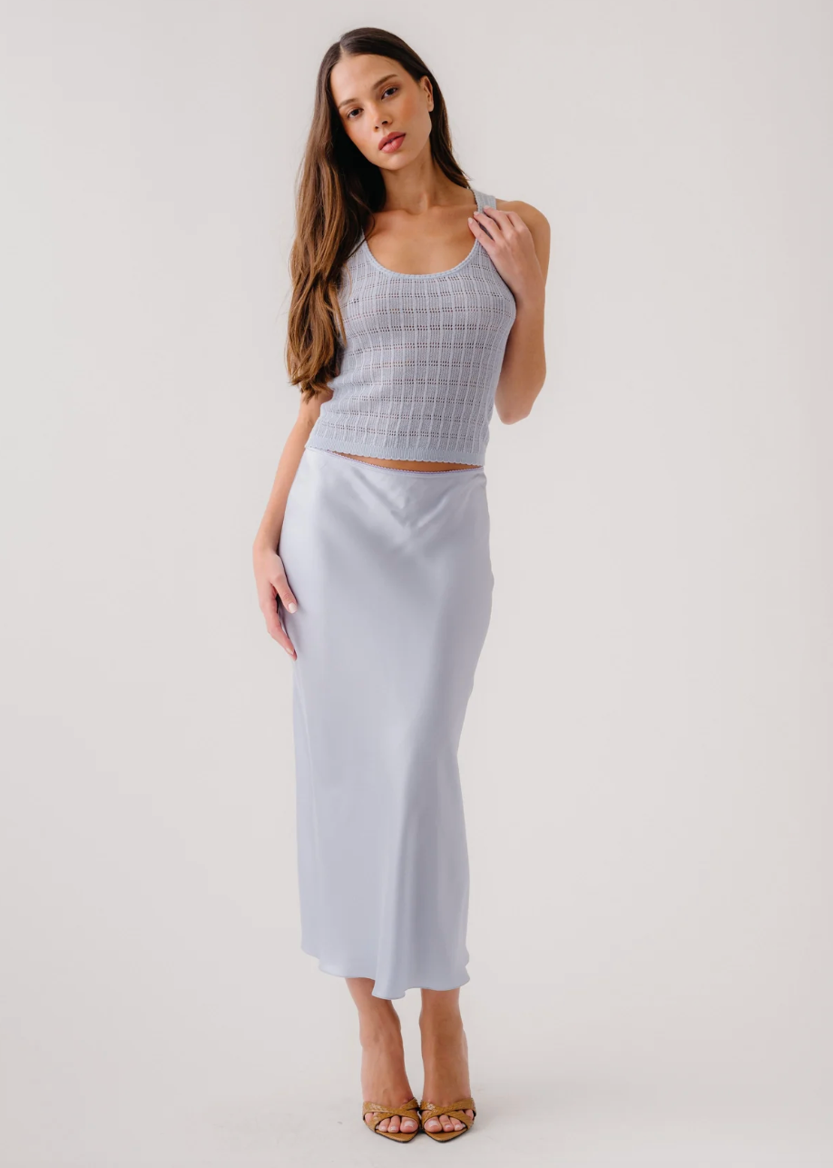 person wearing sablyn Miranda B Scallop Trim Bias Cut Skirt in Whisper blue silk