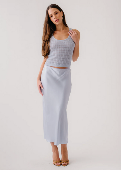 person wearing sablyn Miranda B Scallop Trim Bias Cut Skirt in Whisper blue silk