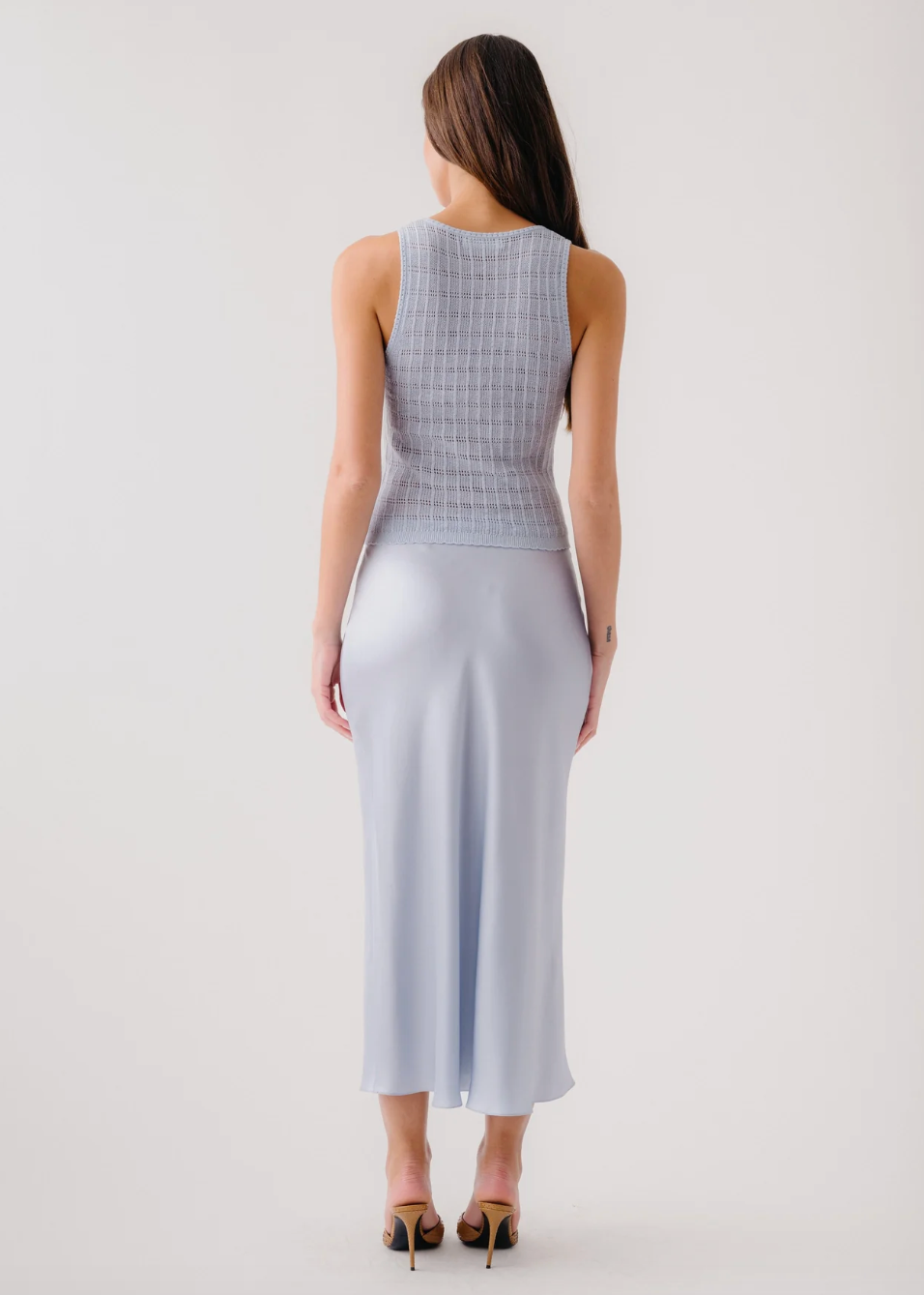 person wearing sablyn Miranda B Scallop Trim Bias Cut Skirt in Whisper blue silk
