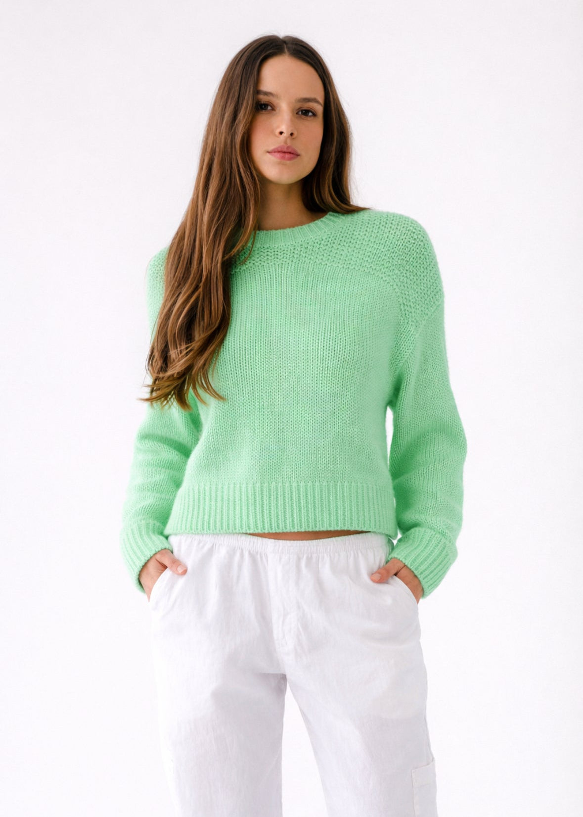 person wearing sablyn Sutton Slouchy Pullover in Lime
