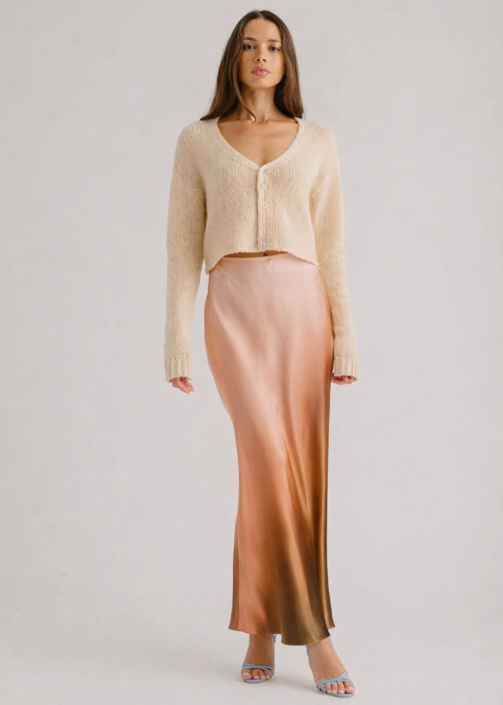 person wearing sablyn silk Grace B Scallop Trim Bias Cut Maxi Skirt in Ombre