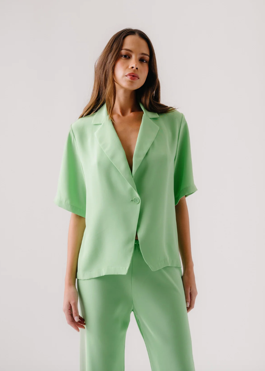 person wearing sablyn silk Kaleen Silk Collared Top in Lime