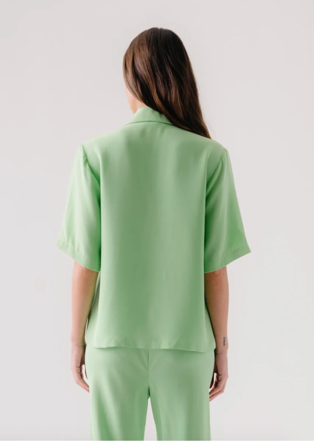 person wearing sablyn silk Kaleen Silk Collared Top in Lime