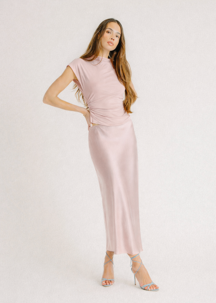 person wearing sablyn silk Miranda B Scallop Trim Bias Cut Skirt in lunar pink