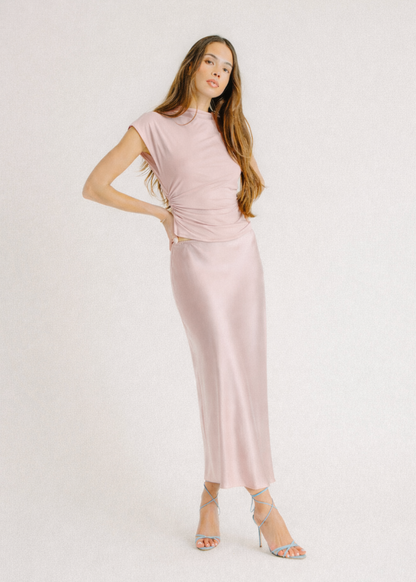 person wearing sablyn silk Miranda B Scallop Trim Bias Cut Skirt in lunar pink