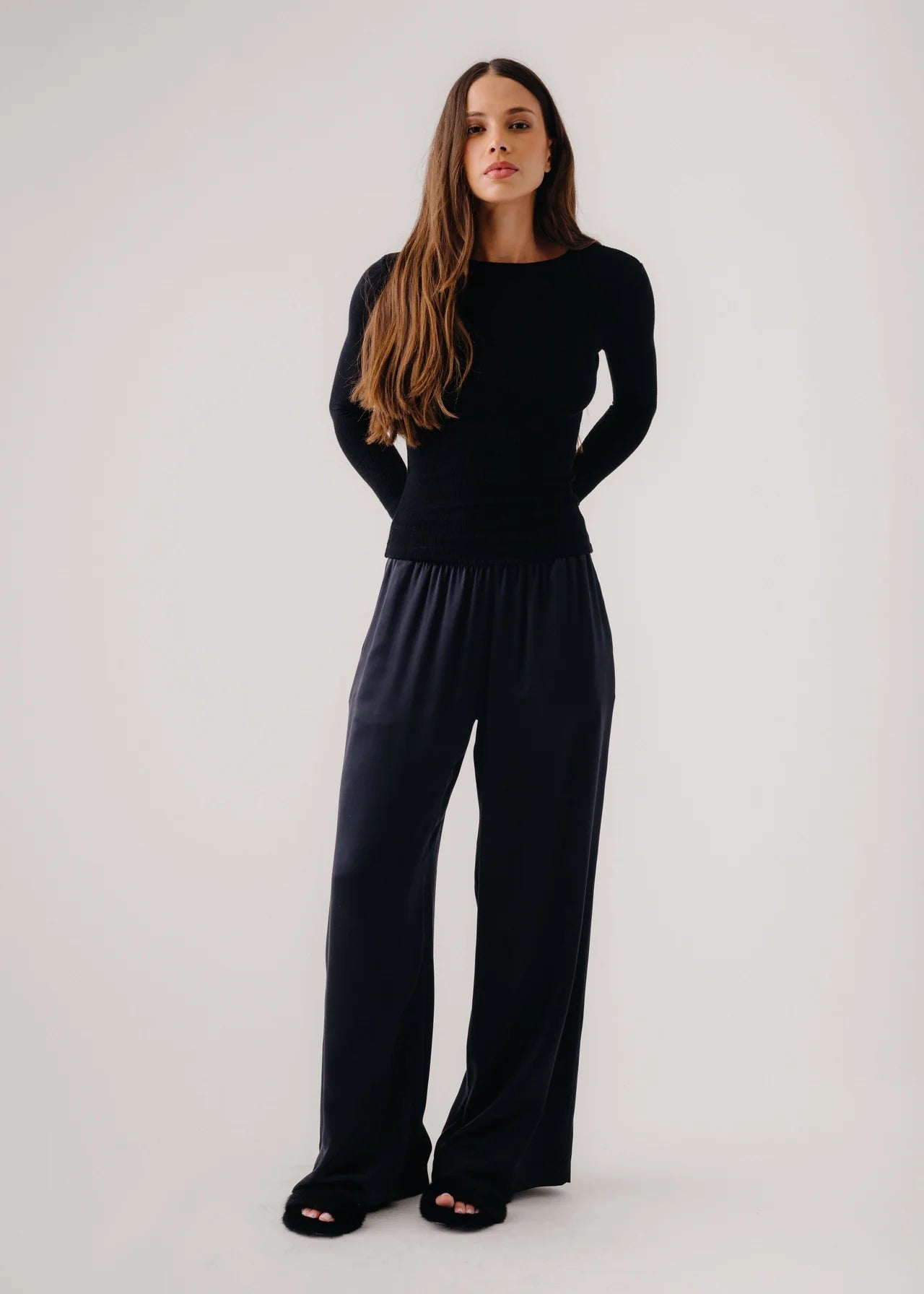 person wearing sablyn womens Brynn Wide Leg Silk Pant in Black