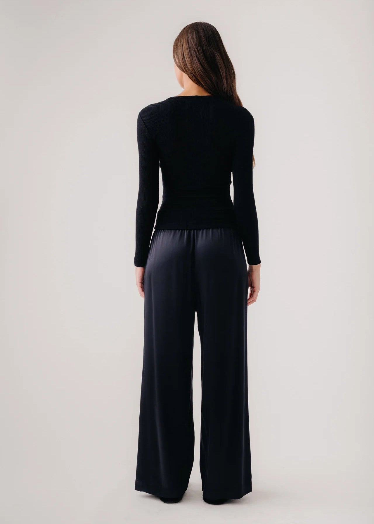 person wearing sablyn womens Brynn Wide Leg Silk Pant in Black