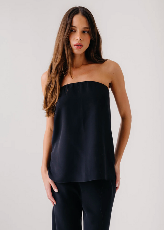 person wearing sablyn womens Camden Silk Strapless Top in Black