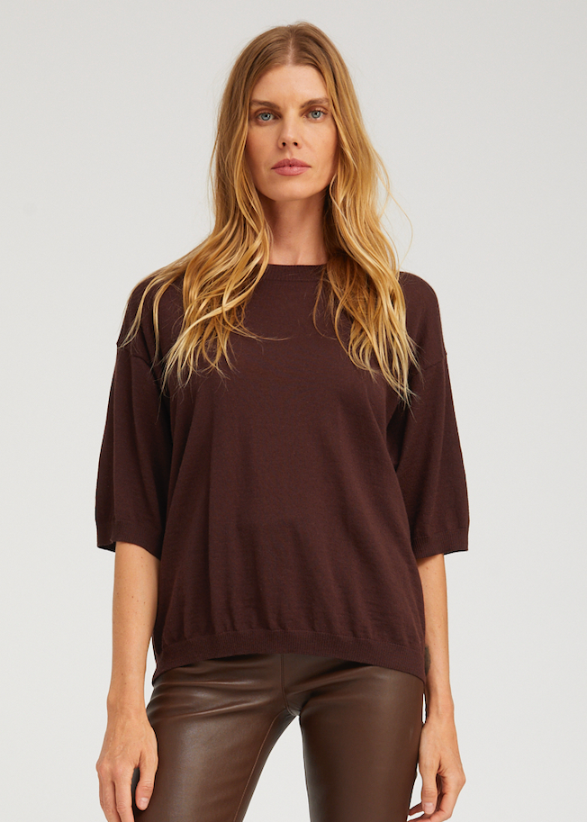 person wearing sablyn womens Cashmere Boxy Tee in Americano