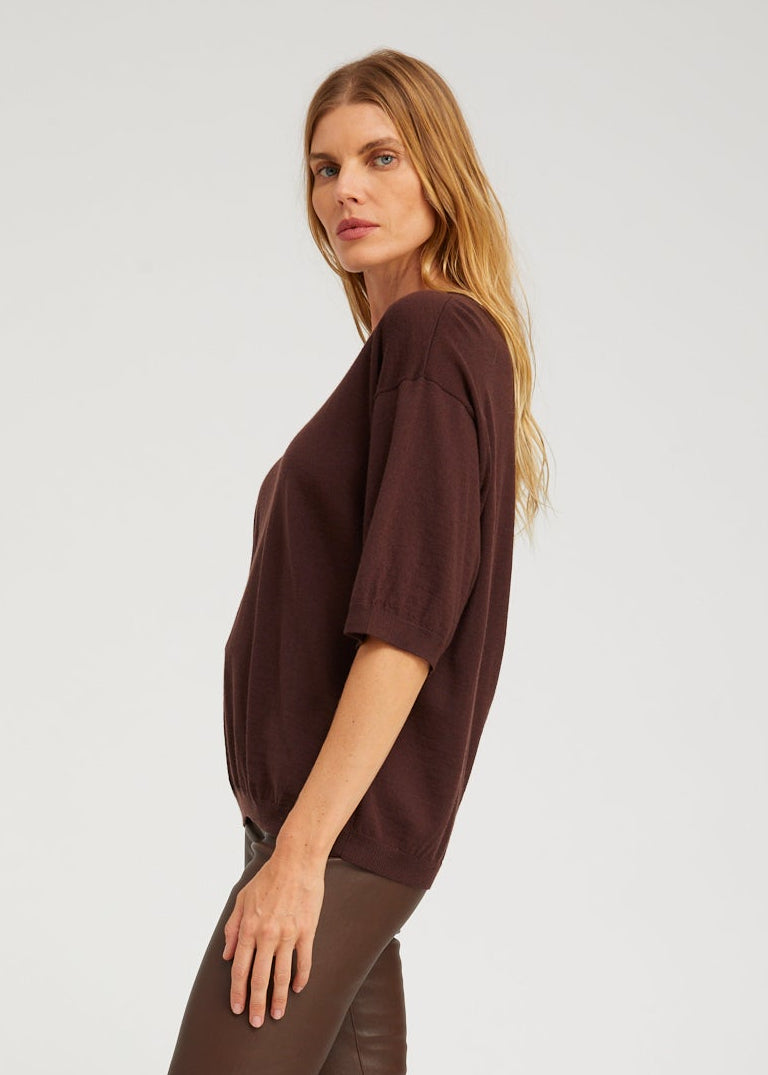 person wearing sablyn womens Cashmere Boxy Tee in Americano