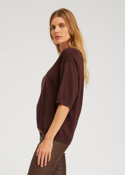 person wearing sablyn womens Cashmere Boxy Tee in Americano