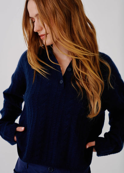 person wearing sablyn womens Elsie C Relaxed Cashmere Polo in Midnight Navy