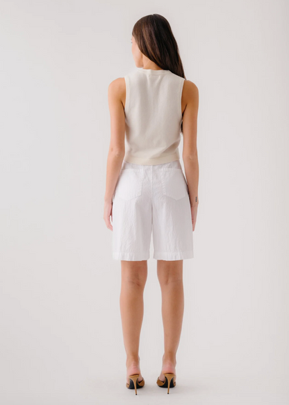 person wearing sablyn womens Gemma Seersucker Cinched Longer Shorts in white