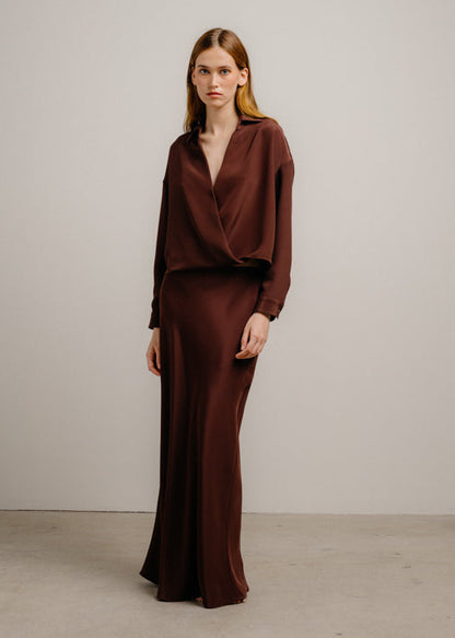 person wearing sablyn womens Grace C Scallop Trim Bias Cut Maxi Skirt in Cinnabar silk