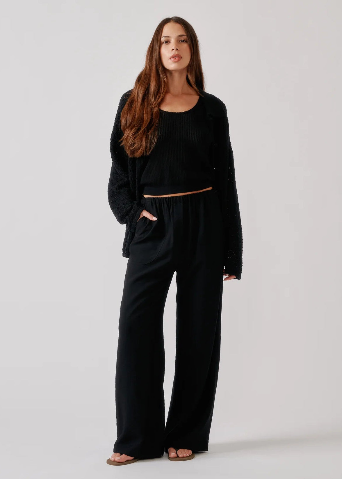 person wearing sablyn womens Izzy B Relaxed Knit Shirt in Black