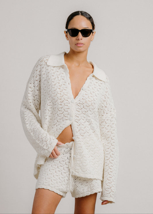 person wearing sablyn womens Izzy B Relaxed Knit Shirt in Gardenia