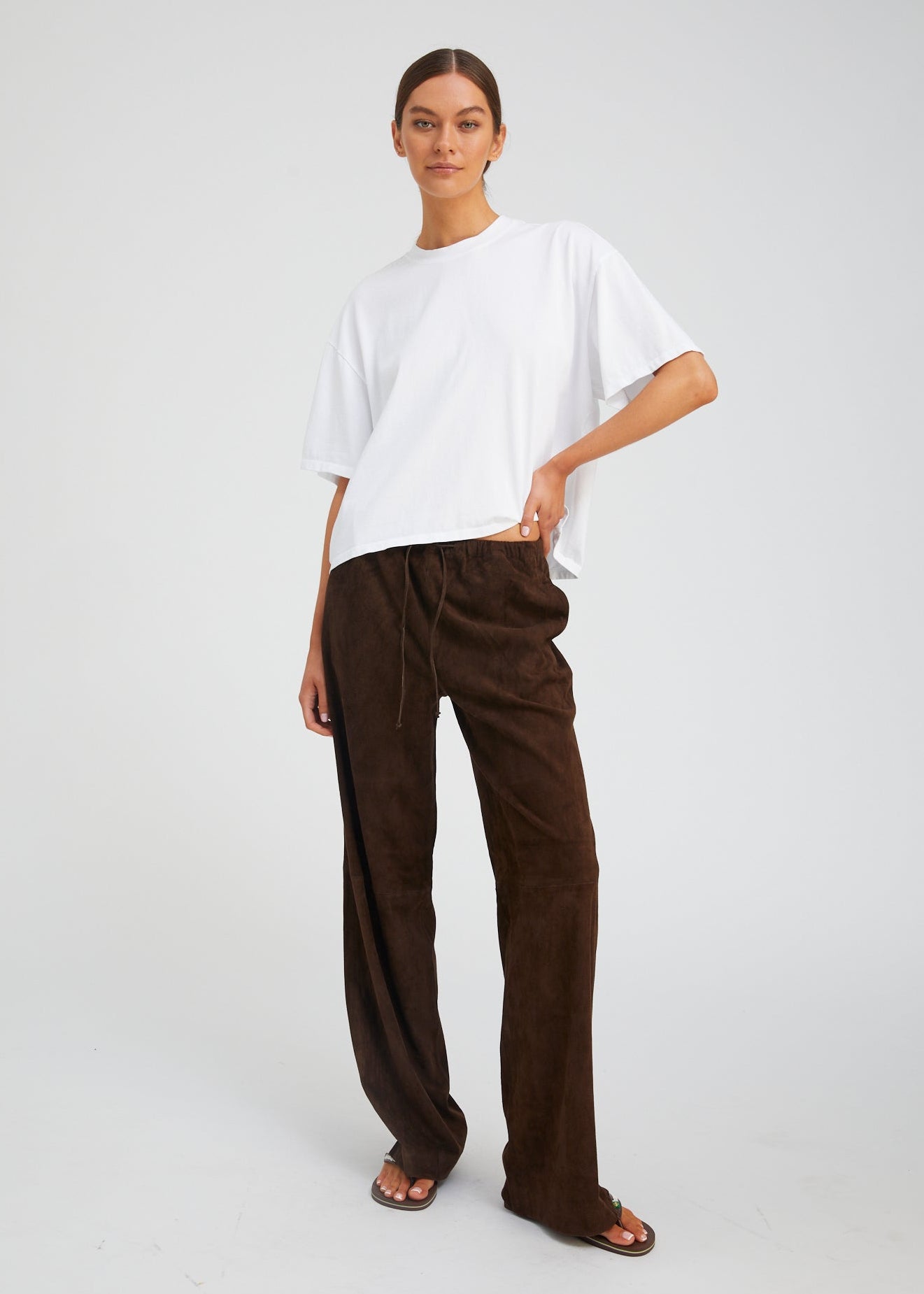 person wearing sablyn womens Kauai Suede Pant in Americano