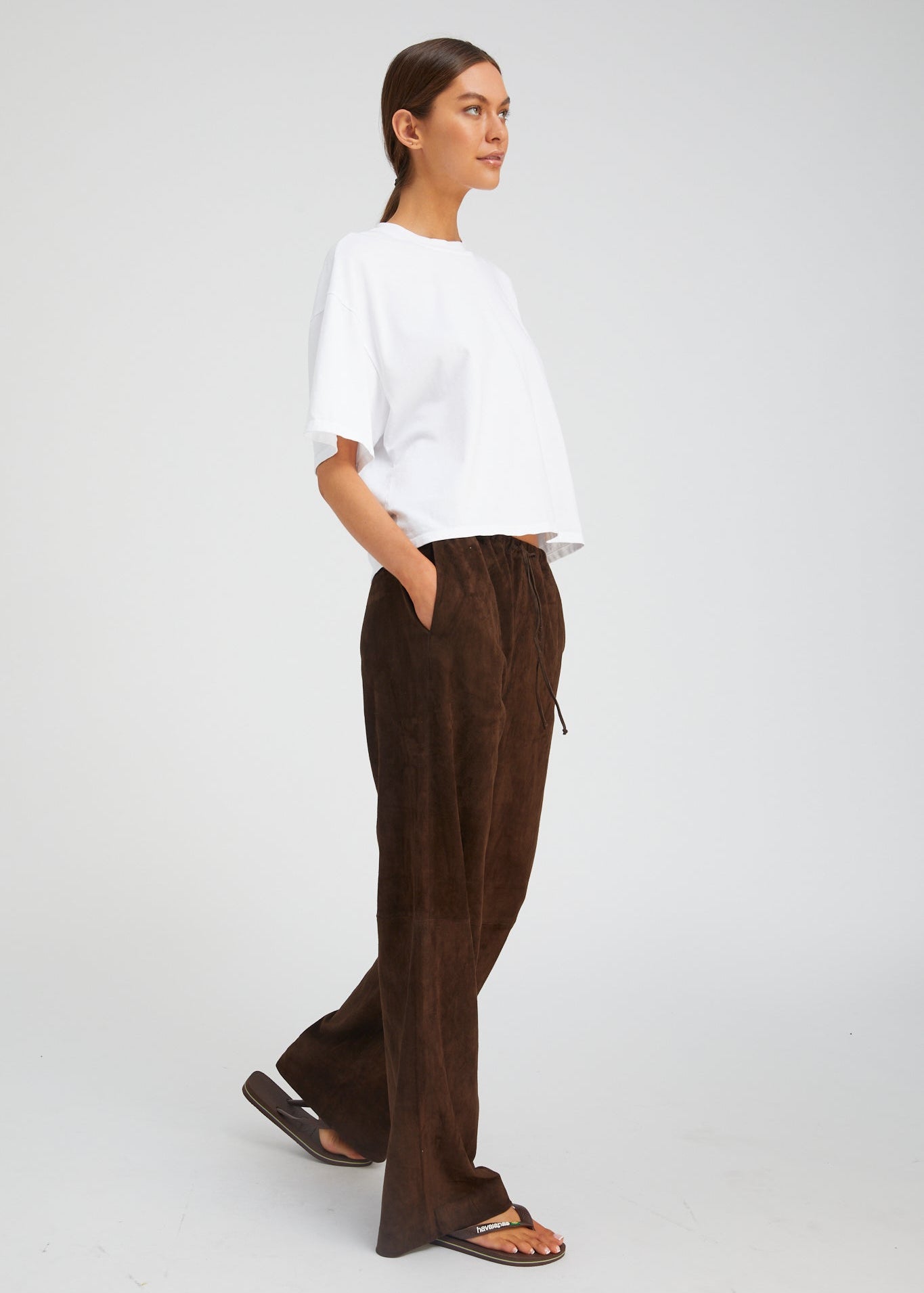 person wearing sablyn womens Kauai Suede Pant in Americano