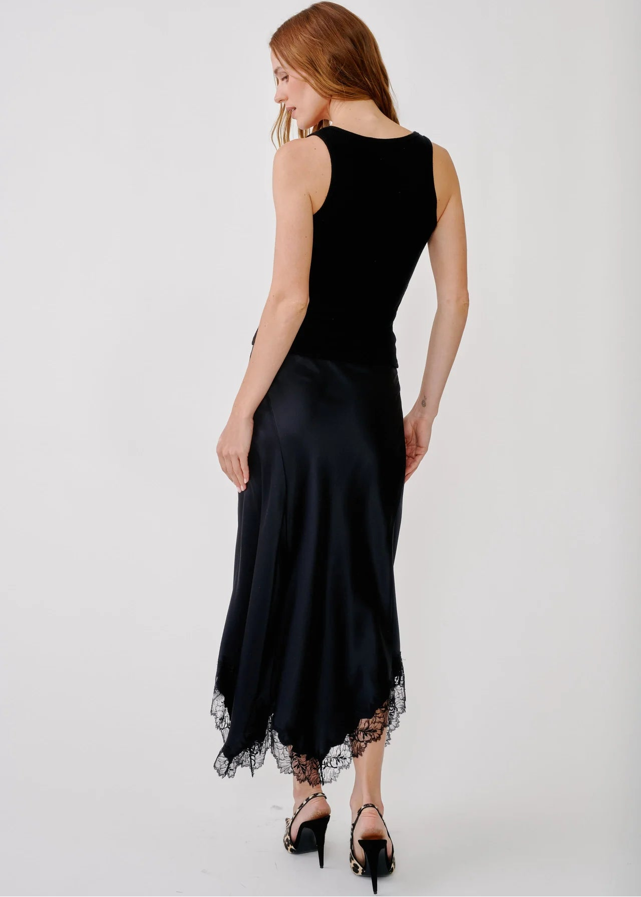 person wearing sablyn womens Keri B Paneled Bias Silk Skirt with Lace in Black