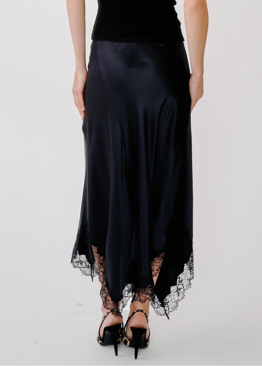 person wearing sablyn womens Keri B Paneled Bias Silk Skirt with Lace in Black