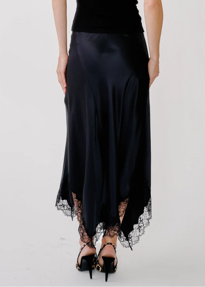 person wearing sablyn womens Keri B Paneled Bias Silk Skirt with Lace in Black