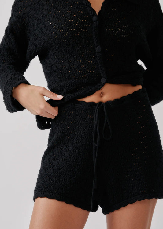 person wearing sablyn womens Kindra Relaxed Knit Shorts in Black