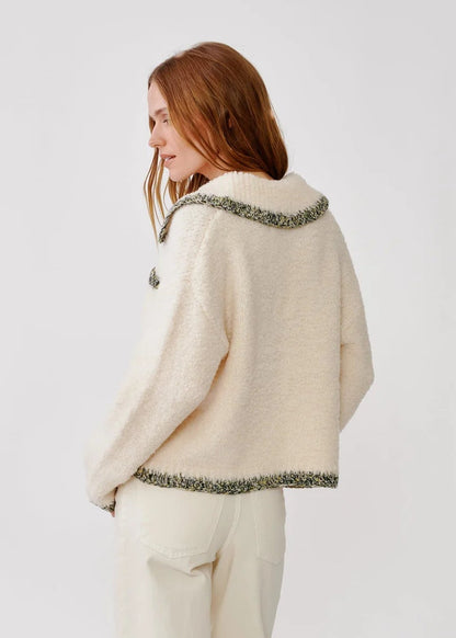 person wearing sablyn womens Phoebe Knit Shirt Jacket in Gardenia sherpa wool