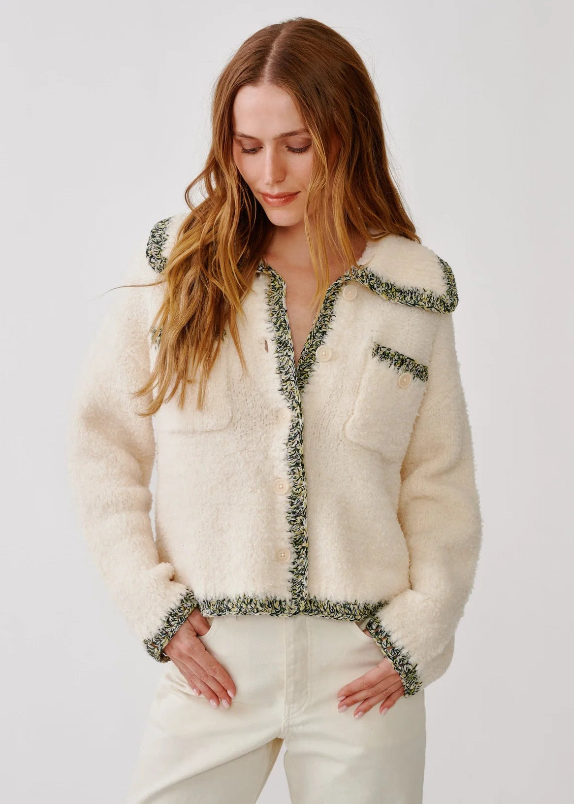 person wearing sablyn womens Phoebe Knit Shirt Jacket in Gardenia sherpa wool