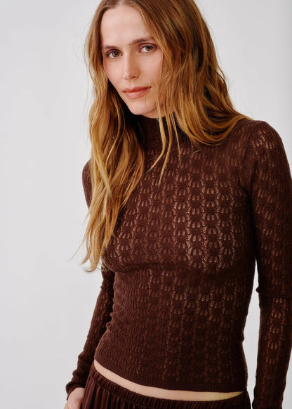 person wearing sablyn womens Rhea Mock Neck Top in Cinnabar brown lightweight wool