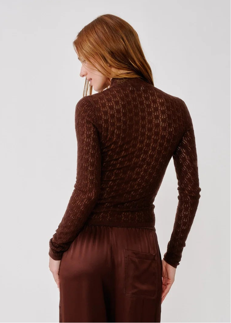 person wearing sablyn womens Rhea Mock Neck Top in Cinnabar brown lightweight wool
