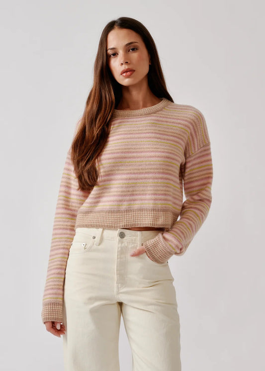 person wearing sablyn womens Stevie Shrunken Crewneck Pullover in Dune Heather