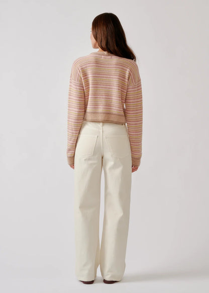 person wearing sablyn womens Stevie Shrunken Crewneck Pullover in Dune Heather
