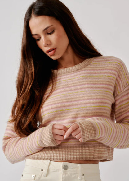 person wearing sablyn womens Stevie Shrunken Crewneck Pullover in Dune Heather