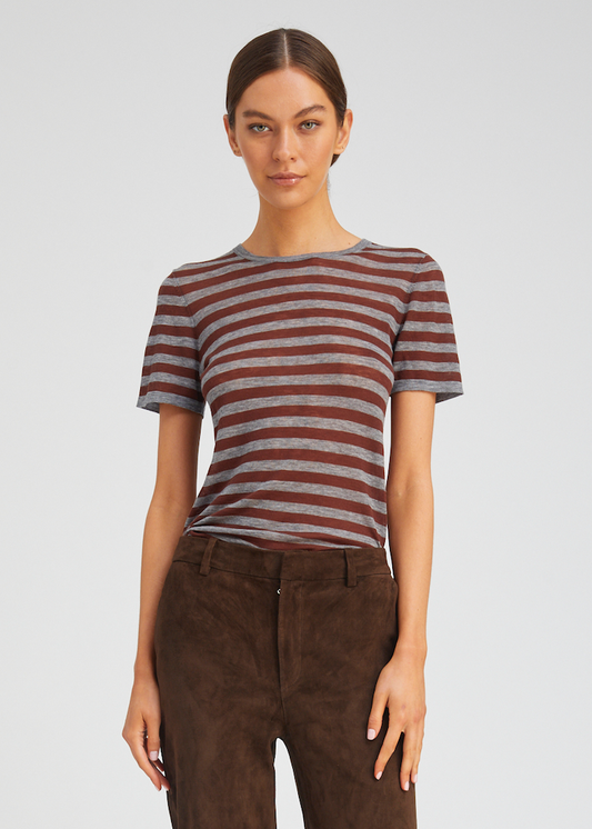 person wearing sablyn womens Tissue Cashmere Classic Tee in Grey & Brown Stripes