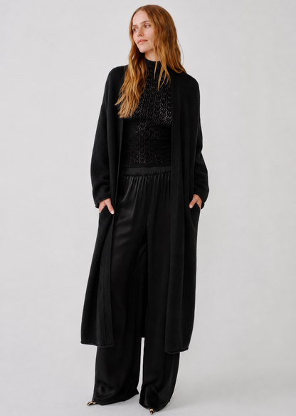 person wearing sablyn womens Toma Slouchy Cashmere Duster in Black