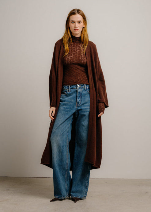 person wearing sablyn womens cashmere Toma Slouchy Cashmere Duster in Cinnabar brown