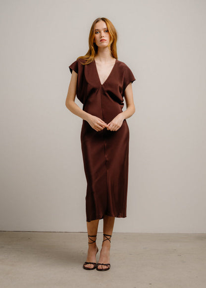 person wearing sablyn womens silk Inez Draped V-Neck Silk Dress in Cinnabar brown