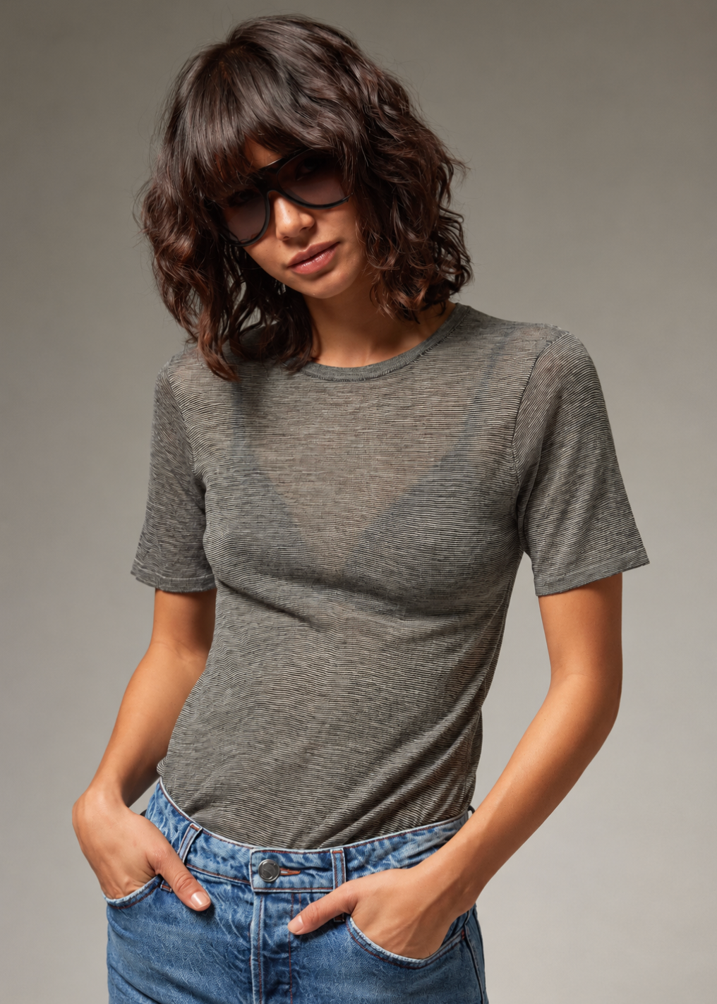 person wearing sprmwn Tissue Classic Short Sleeve Tee in Dark Green Mini Stripes
