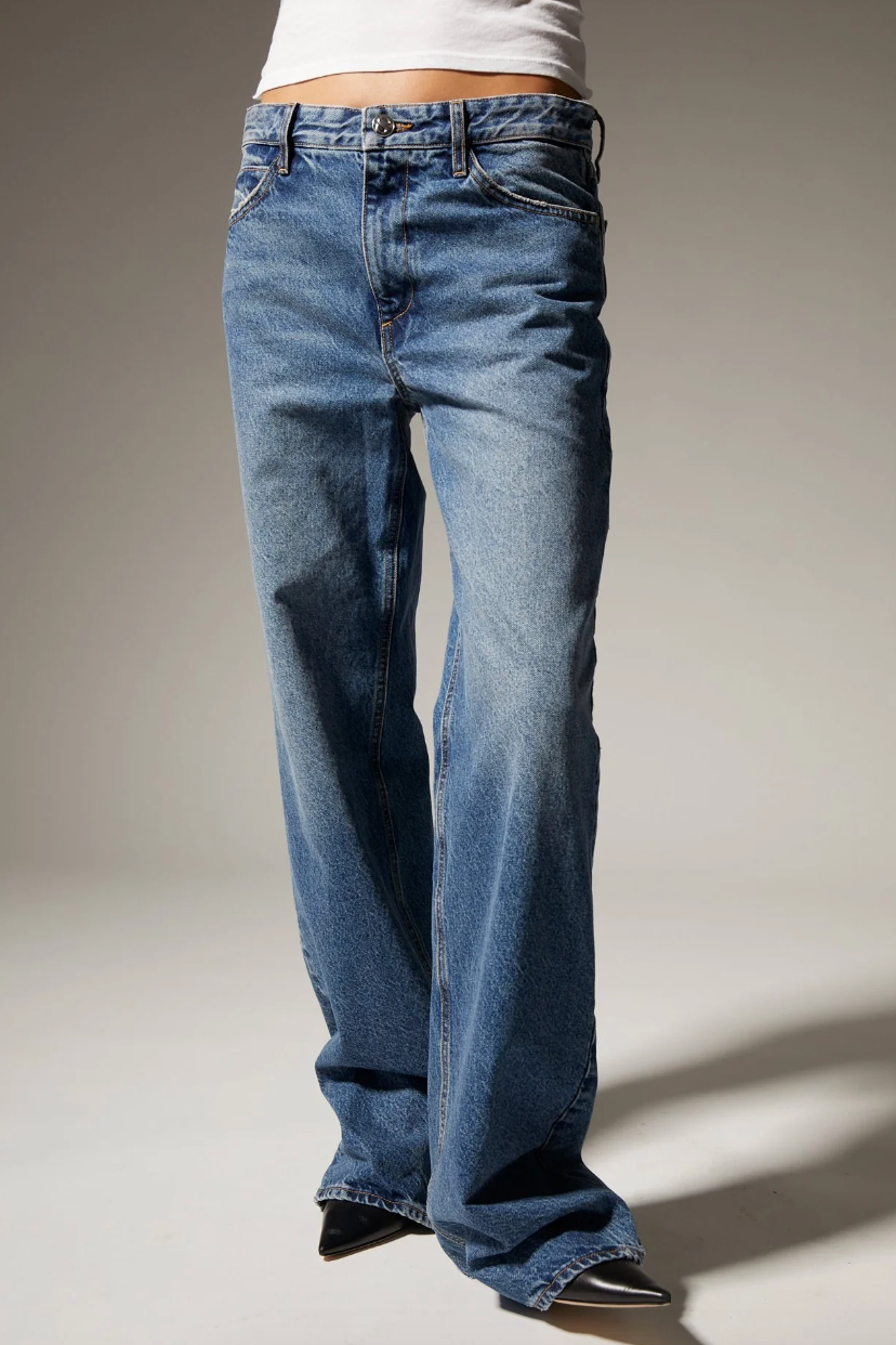 person wearing sprwmn 5 Pocket Baggy Denim in Eva