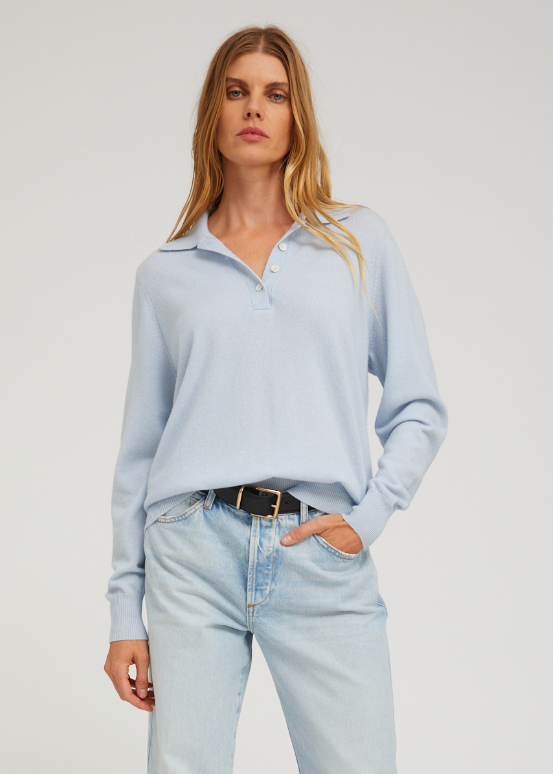 person wearing sprwmn Cashmere Polo Sweater in Baby Blue