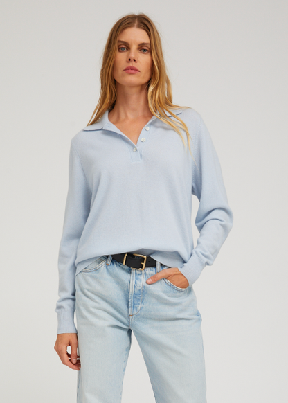 person wearing sprwmn Cashmere Polo Sweater in Baby Blue
